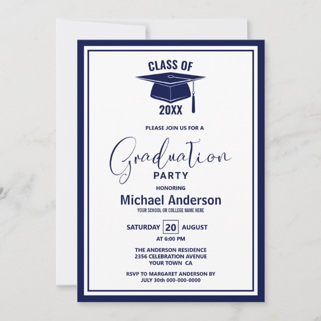 Modern Navy Blue Border Graduation Party Invitation (Front)