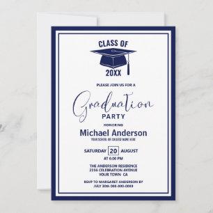 Modern Navy Blue Border Graduation Party Invitation