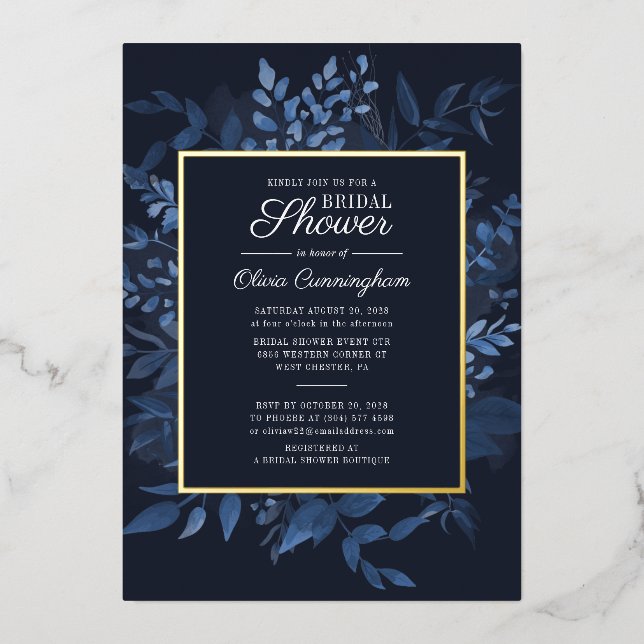 Modern Navy Blue Botanical Foliage Bridal Shower Foil Invitation (Front)