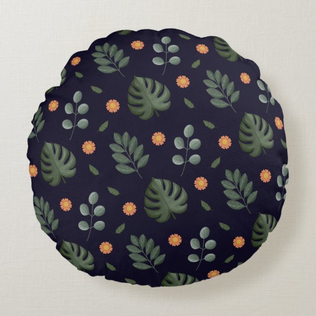 Modern Navy Blue Botanical Leaf Round Pillow (Front)