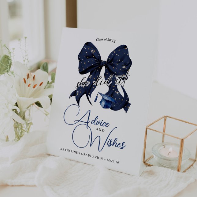 Modern Navy Blue Bow Graduation Advice & Wishes Pedestal Sign (Creator Uploaded)