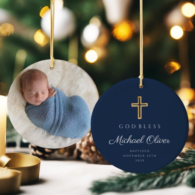 Modern Navy Blue Boy Baptism Photo Ceramic Ornament (Modern Navy Blue Boy Baptism Photo Ceramic Ornament)