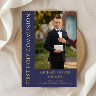 Modern Navy Blue Boy Photo First Holy Communion Foil Invitation