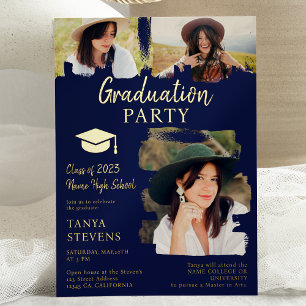 Modern navy blue Brushstroke 3 photos graduation Foil Invitation