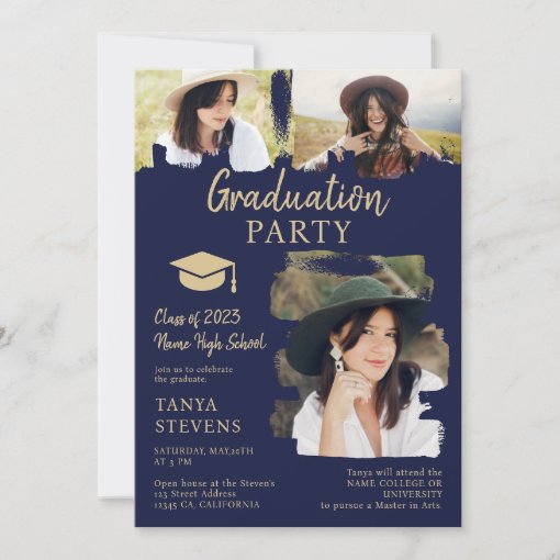 Modern navy blue Brushstroke 3 photos graduation Invitation | Zazzle