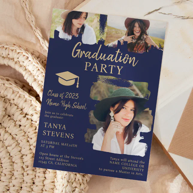 Modern navy blue Brushstroke 3 photos graduation Invitation | Zazzle