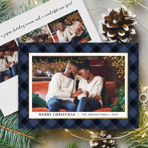 Modern Navy Blue Buffalo Plaid Christmas Photo Foil Holiday Card