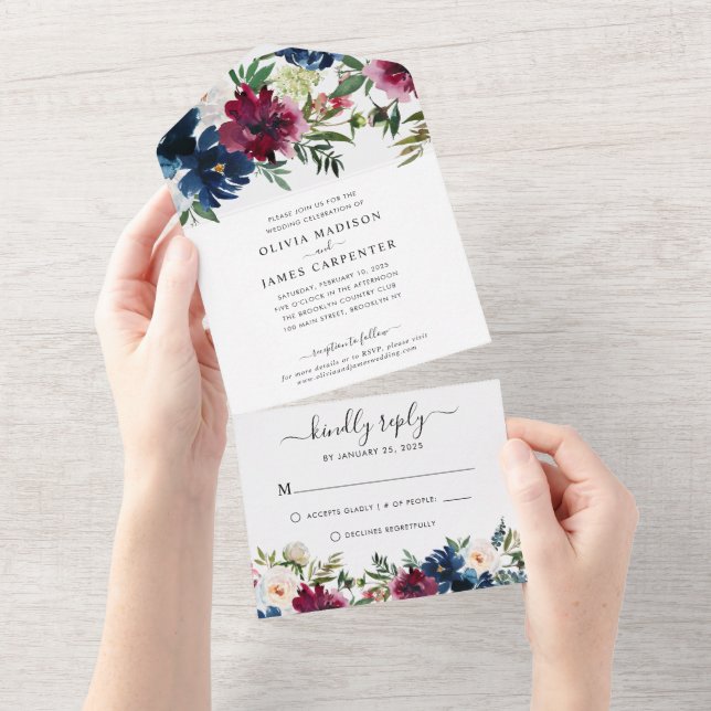 Modern Navy Blue Burgundy Elegant Floral Wedding All In One Invitation (Tearaway)