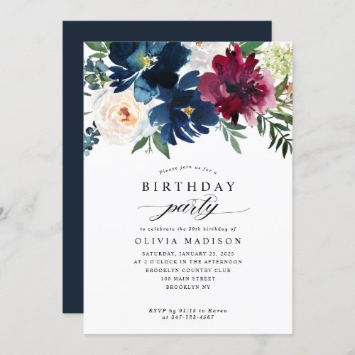Modern Navy Blue Burgundy Floral Birthday Party Invitation