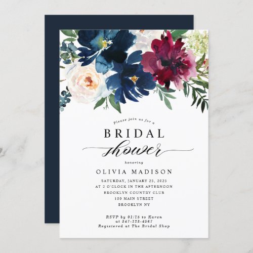 Modern Navy Blue Burgundy Floral Bridal Shower Invitation