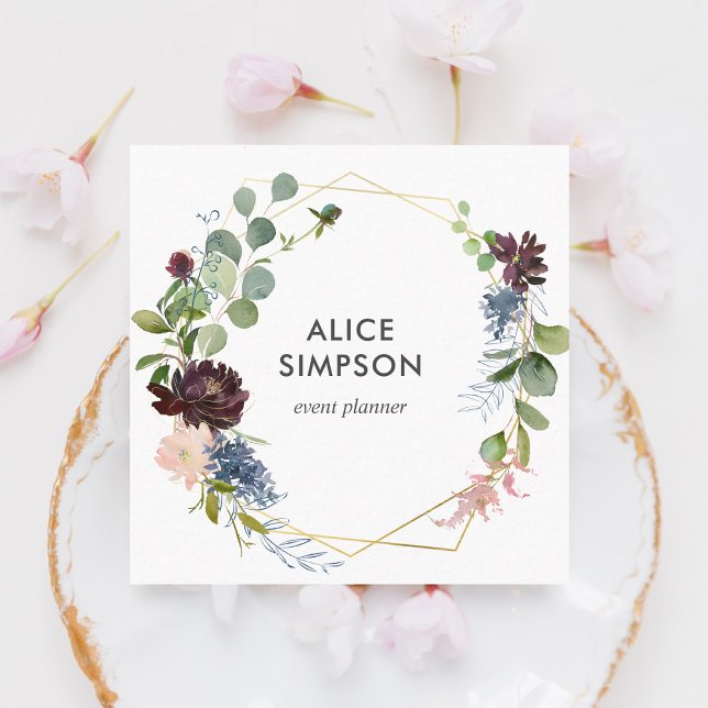 Modern Navy Blue Burgundy Floral Geometric Square Business Card (Creator Uploaded)