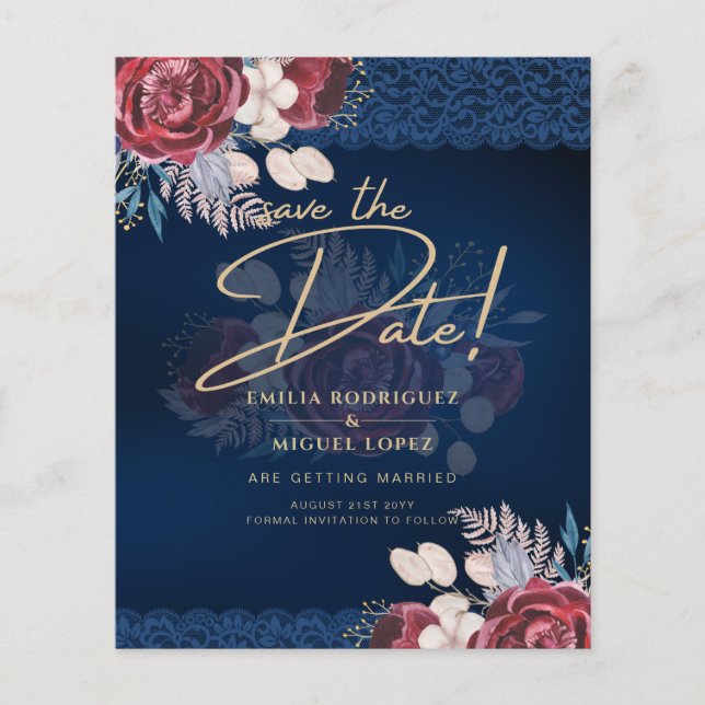Modern Navy Blue Burgundy Floral Lace Wedding (Front)