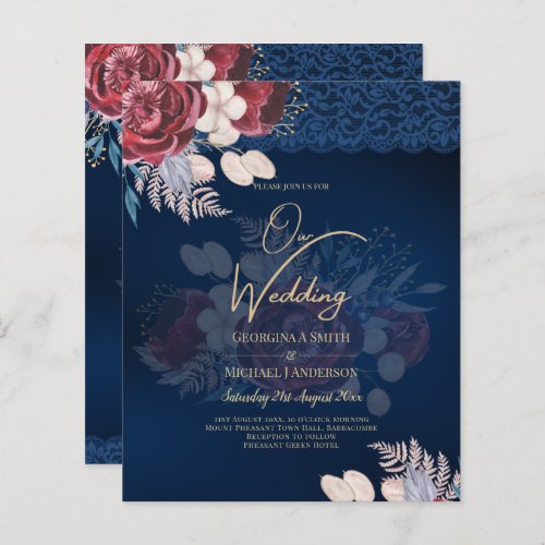 Modern Navy Blue Burgundy Floral Lace Wedding