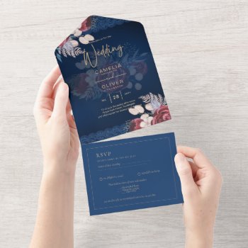 Modern Navy Blue Burgundy Floral Lace Wedding All In One Invitation