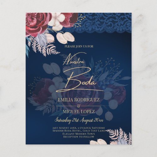 Modern Navy Blue Burgundy Floral Lace Wedding Flyer