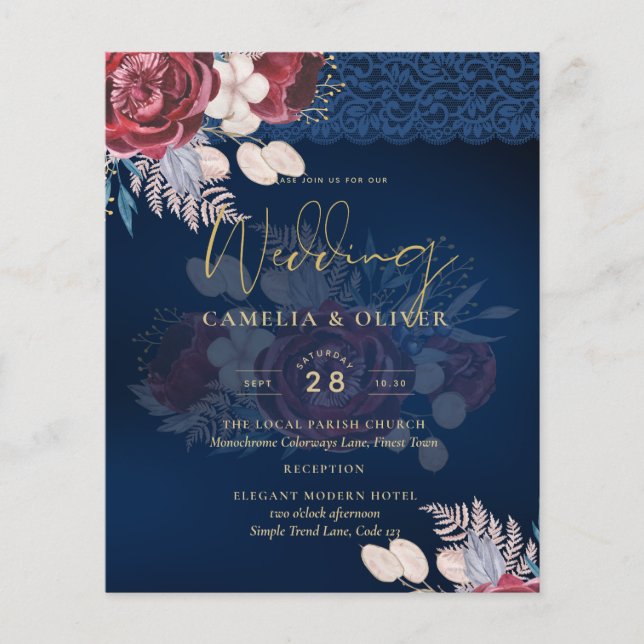 Modern Navy Blue Burgundy Floral Lace Wedding Flyer (Front)