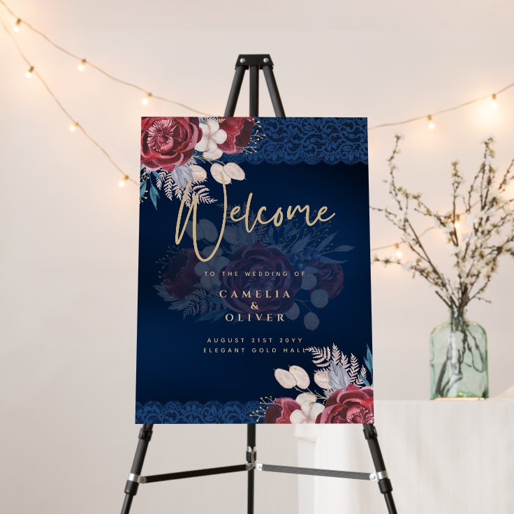 Modern Navy Blue Burgundy Floral Lace Wedding Foam Board Zazzle