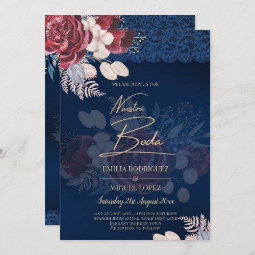 Modern Navy Blue Burgundy Floral Lace Wedding Invitation