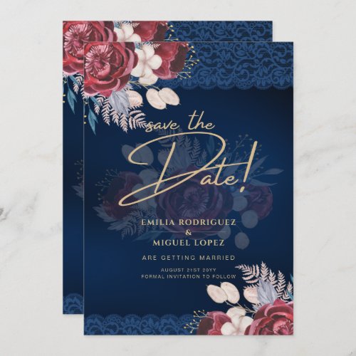 Modern Navy Blue Burgundy Floral Lace Wedding Invitation