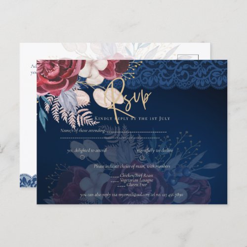 Modern Navy Blue Burgundy Floral Lace Wedding Postcard