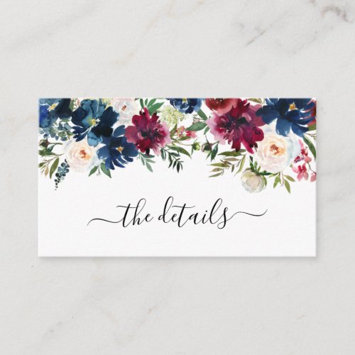 Modern Navy Blue Burgundy Floral Wedding Details Enclosure Card