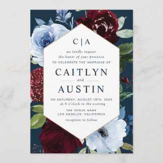modern navy blue burgundy flowers wedding invitation