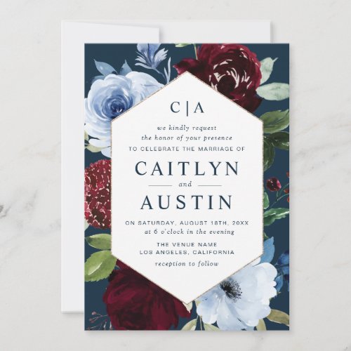 modern navy blue burgundy flowers wedding invitation