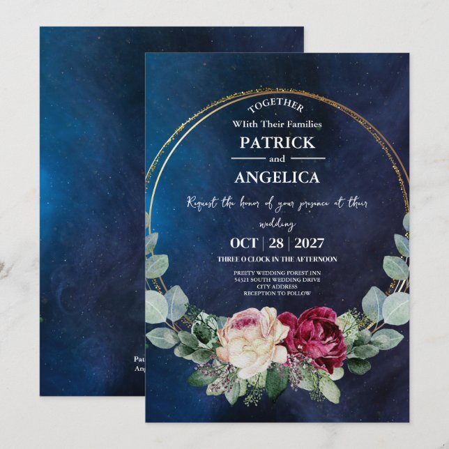 Modern Navy Blue Burgundy Gold Blush Pink Wedding Invitation (Front/Back)