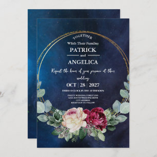 Modern Navy Blue Burgundy Gold Blush Pink Wedding Invitation