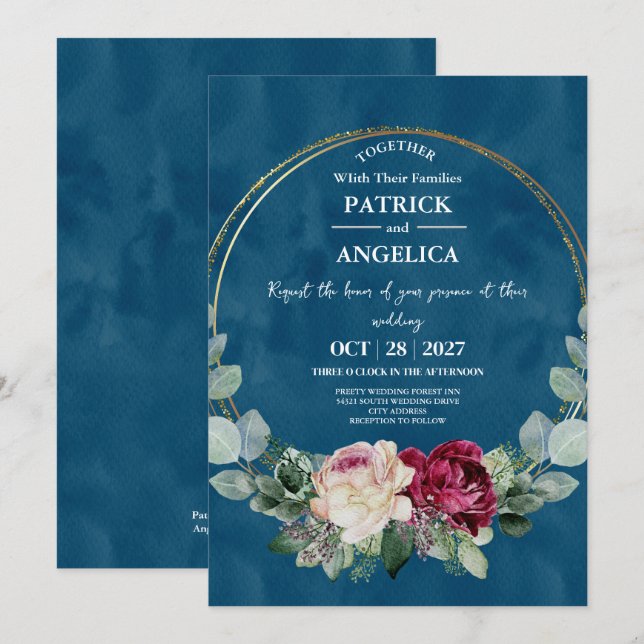 Modern Navy Blue Burgundy Gold Blush Pink Wedding Invitation (Front/Back)