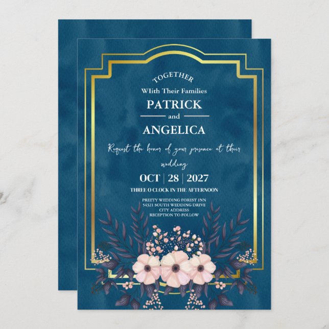 Modern Navy Blue Burgundy Gold Blush Pink Wedding Invitation (Front/Back)
