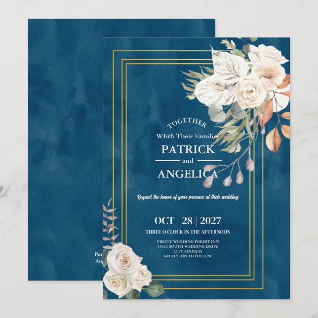 Modern Navy Blue Burgundy Gold Blush Pink Wedding Invitation (Front/Back)