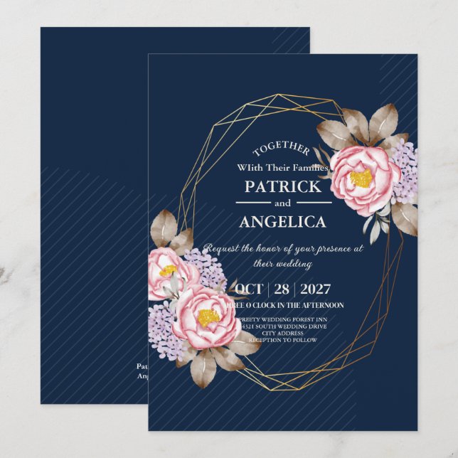 Modern Navy Blue Burgundy Gold Blush Pink Wedding Invitation (Front/Back)