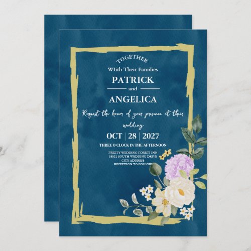 Modern Navy Blue Burgundy Gold Blush Pink Wedding Invitation