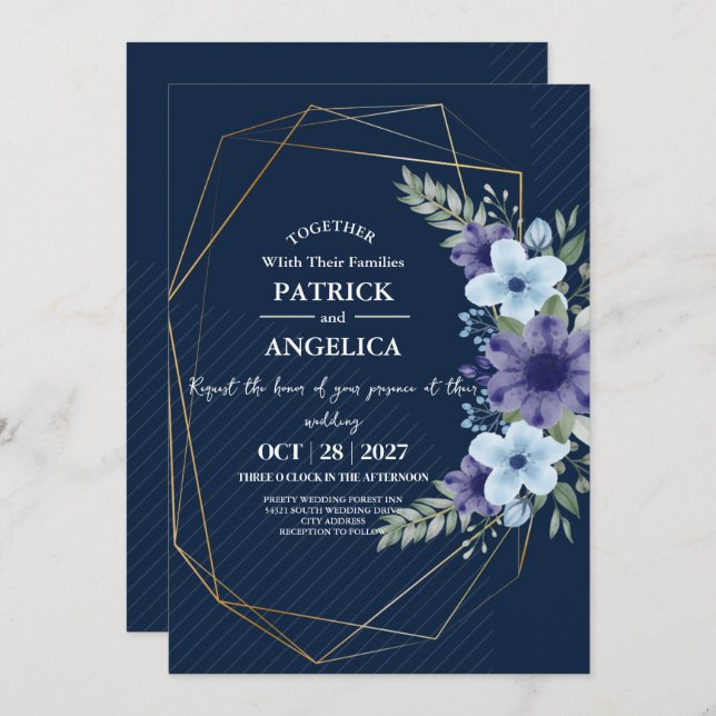 Modern Navy Blue Burgundy Gold Blush Pink Wedding Invitation (Front/Back)