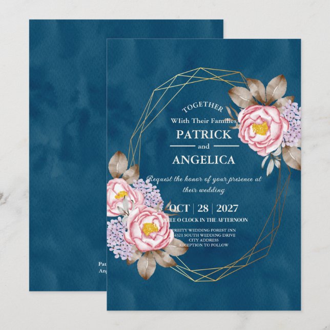 Modern Navy Blue Burgundy Gold Blush Pink Wedding Invitation (Front/Back)