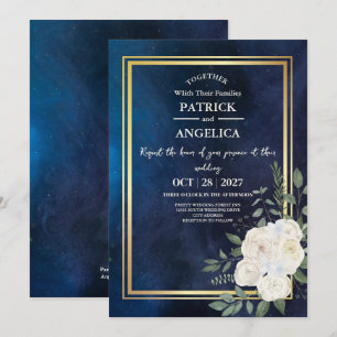 Modern Navy Blue Burgundy Gold Blush Pink Wedding Invitation