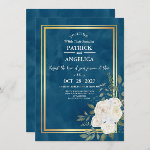 Modern Navy Blue Burgundy Gold Blush Pink Wedding Invitation