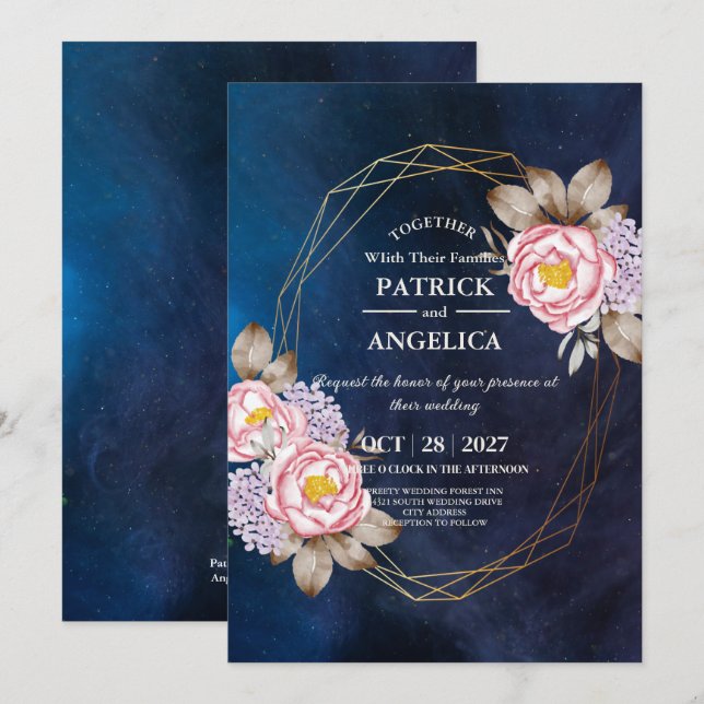 Modern Navy Blue Burgundy Gold Blush Pink Wedding Invitation (Front/Back)