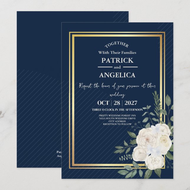 Modern Navy Blue Burgundy Gold Blush Pink Wedding Invitation (Front/Back)