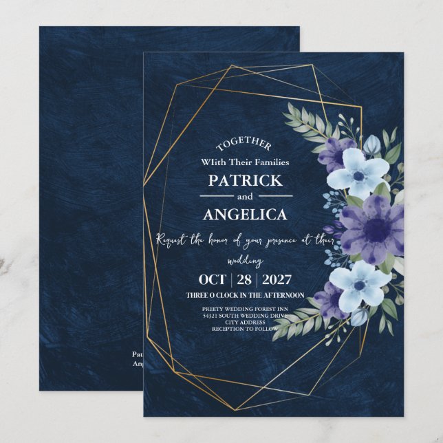Modern Navy Blue Burgundy Gold Blush Pink Wedding Invitation (Front/Back)