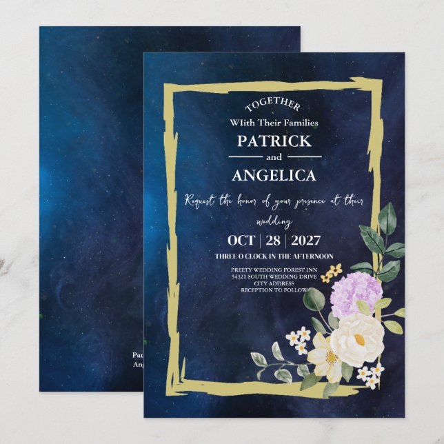 Modern Navy Blue Burgundy Gold Blush Pink Wedding Invitation (Front/Back)