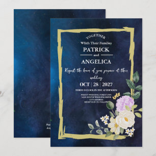 Modern Navy Blue Burgundy Gold Blush Pink Wedding Invitation