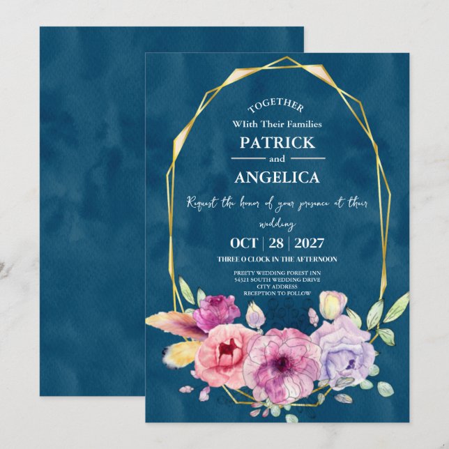 Modern Navy Blue Burgundy Gold Blush Pink Wedding Invitation (Front/Back)