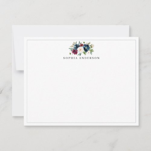 Modern Navy Blue Burgundy Red Floral Watercolor Note Card