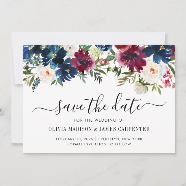 Modern Navy Blue Burgundy Red Peony Floral Wedding Save The Date (Front)