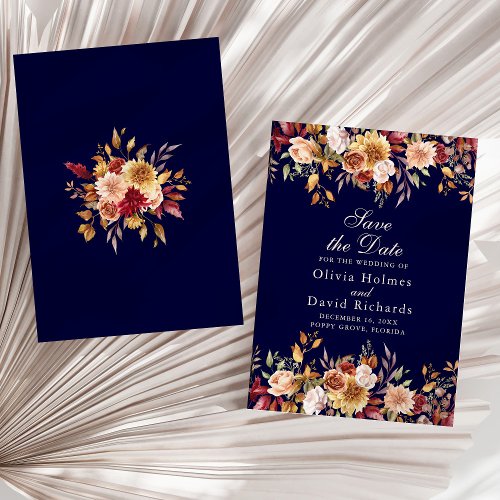 Modern Navy Blue Burnt Orange Wildflowers Wedding Save The Date