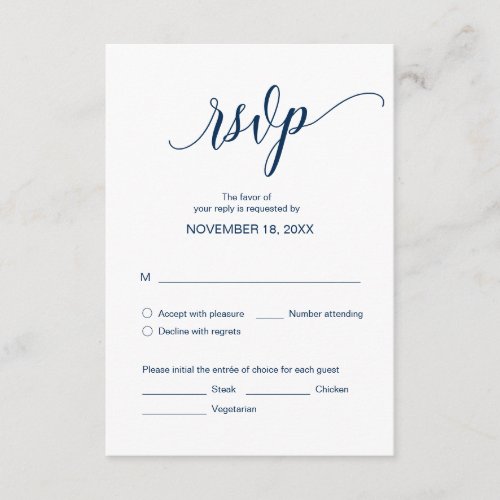 Modern Navy Blue Calligraphy Wedding Dinner RSVP Enclosure Card