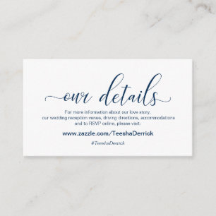 Modern Navy Blue calligraphy, Wedding Our Details Enclosure Card