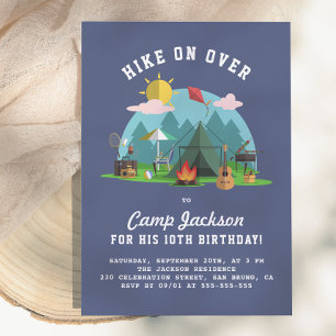 Modern Navy Blue Camping Birthday Party Invitation